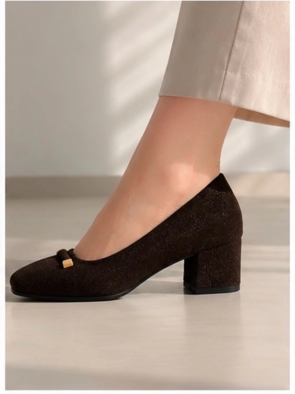 Jessica Dark Brown Suede Block Heel Pumps with Gold Accent - Picture 2 of 4